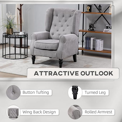 HOMCOM Mid-Century Modern Accent Chair, High Wingback Reading Chair, Button-Tufted Upholstered Fabric Armchair with Retro Wood Legs for Apartment, Living Room, Bedroom, Gray
