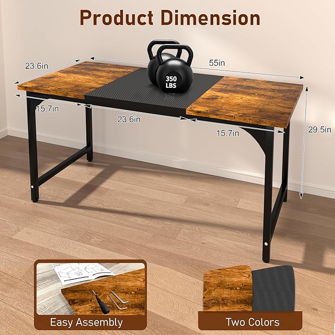StarGraph Modern Computer Desk 55 Inch Large Office Desk with Carbon Fiber Desktop Home Office Desks with Sturdy Metal Frame Gaming Study Writing Work from Home Desks, Rustic Brown