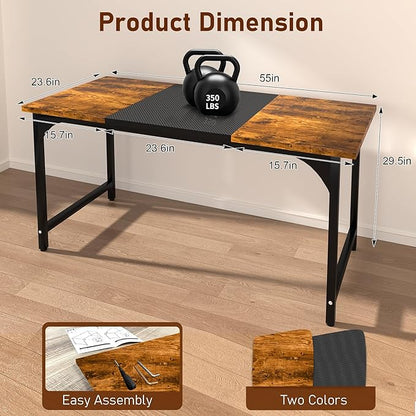 StarGraph Modern Computer Desk 55 Inch Large Office Desk with Carbon Fiber Desktop Home Office Desks with Sturdy Metal Frame Gaming Study Writing Work from Home Desks, Rustic Brown