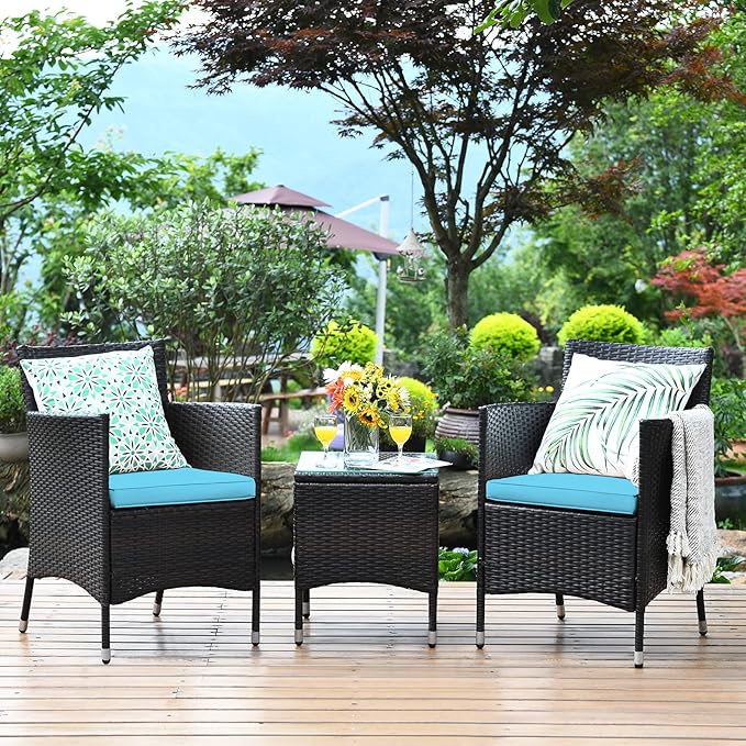 COSTWAY 3 PCS Patio Furniture Set, Outdoor Wicker Conversation Set with Tempered Glass Coffee Table, Seat Cushions, Rattan Wicker Chairs for Poolside Balcony Porch Backyard, Blue