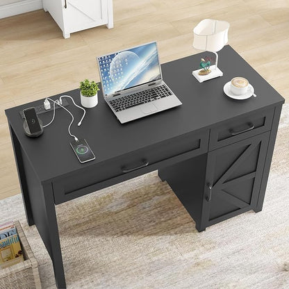 Vabches Farmhouse 47" Executive Desk, Computer Desk with Drawers and Storage Cabinet, Workstation for Home Office and Study.(Pure Black)