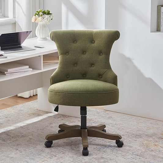 HUIMO Home Office Chair Upholstered Armless Desk Chair with Wheels Adjustable Height Computer Desk Chair with Wooden Legs Comfortable Swivel Chair for Home Office Study Studio (Green)