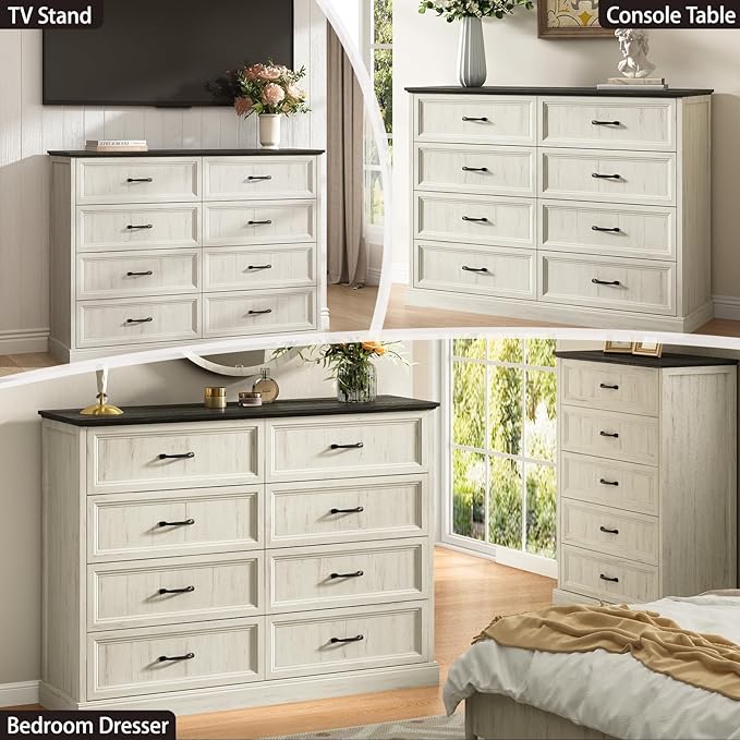 CARPETNAL Farmhouse 8 Drawer Dresser for Bedroom, 55 Inch Wide Modern White Dresser TV Stand with Large Drawers & Bar Handles, Rustic Wood Chest of Drawers for Bedroom, Living Room, Hallway, Entryway.