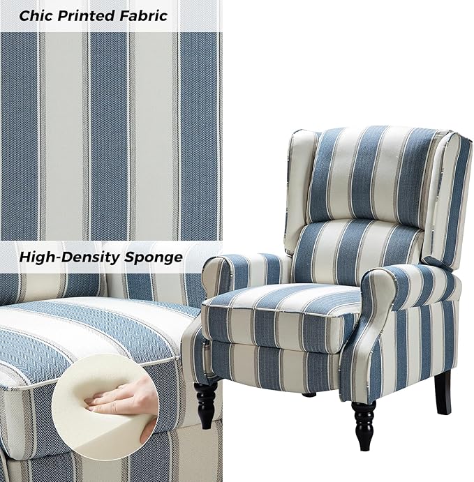 HULALA HOME Upholstered Wingback Recliner Chair Set of 2, Small Adjustable Footrest Push Back Single Reclining Sofa, Mid Century Modern Lounge Armchair for Living Room, Bedroom, Reading/Stripe Navy