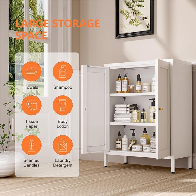 Metal Bathroom Cabinet, Small Floor Storage Cabinet, Freestanding Sideboard with 2 Adjustable Shelves for Living Room, Dinging Room (White, 31.5" H-2 Doors)