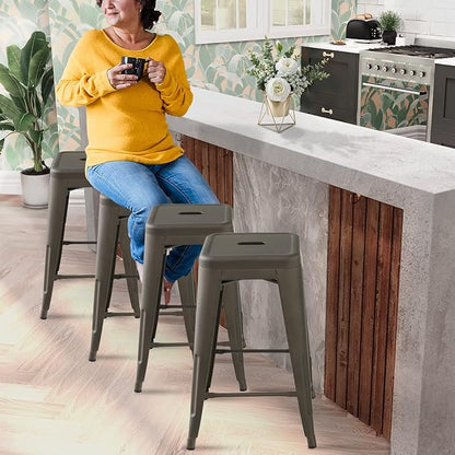COSTWAY Bar Stools Set of 4, 24” Stackable Metal Stools with Square Seat & Handing Hole, X-shaped Reinforced Design, Comfortable Footrest, Backless Bar Chairs for Kitchen, Dining Room, Pub (Gun, 24‘’)