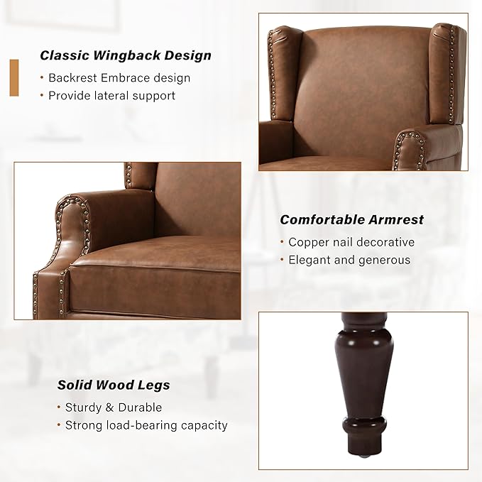 Faux Leather Wingback Accent Chairs Set of 2, High Back Upholstered Armchair, Comfy Fabric Wingback Arms Chairs with Solid Wood Legs, Single Sofa Reading Chair for Bedroom Living Room, Brown