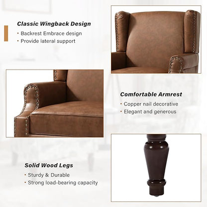 Faux Leather Wingback Accent Chairs Set of 2, High Back Upholstered Armchair, Comfy Fabric Wingback Arms Chairs with Solid Wood Legs, Single Sofa Reading Chair for Bedroom Living Room, Brown