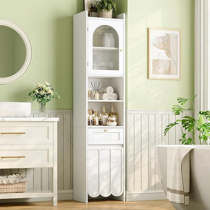 Maupvit 68” Tall Slim Bathroom Storage Cabinet, Narrow Cabinet with Drawer and Fluted Glass Door, Wave-Like Panel, 3-Tier Adjustable Shelves, 14.9" Wide for Small Space, 8 Compartments, White