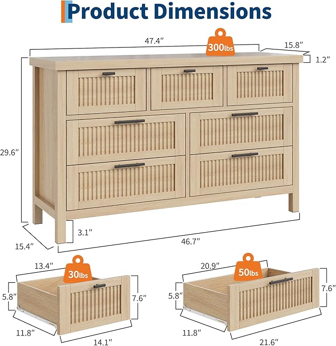GarveeHome Fluted 7 Drawer Dresser for Bedroom, 47.4 in Wide Mid Century Modern Chest of Drawers, Wooden Fluted Dresser Chest with Clothes Storage Cabinet, Organizer for Bedroom, Living Room, Natural