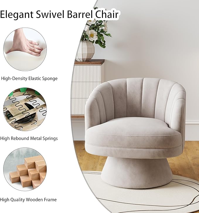 Swivel Accent Chair,Upholstered Velvet 360° Swivel Barrel Chair for Living Room Overstuffed Bouncle Reading Chair Round Armchair for Bedroom,Vanity,Office (Grey)