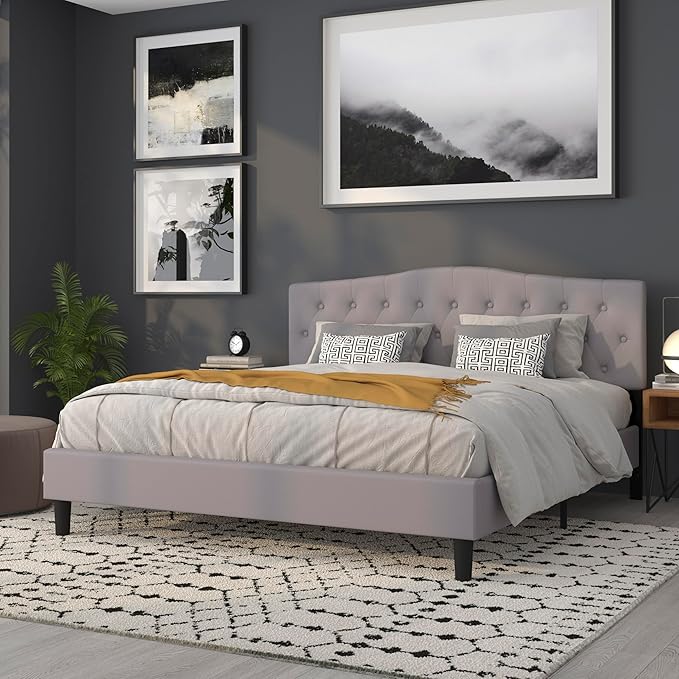 BizChair Arched Button Tufted King Size Headboard in Light Gray Fabric