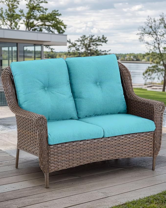 Patio Loveseat Outdoor Wicker Sofa - Heavy Duty All-Weather Brown Rattan 2-Person Sofas with High Back and Comfortable Thick Cushions for Garden Back Porch Poolside Apartment - Turqoise