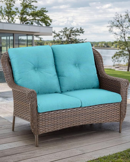 Patio Loveseat Outdoor Wicker Sofa - Heavy Duty All-Weather Brown Rattan 2-Person Sofas with High Back and Comfortable Thick Cushions for Garden Back Porch Poolside Apartment - Turqoise