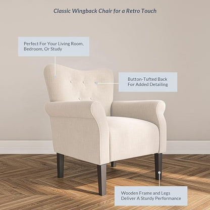 BELLEZE Modern Accent Chair, High Back Armchair, Upholstered Wingback Side Chair, Padded Single Sofa with Wooden Legs for Living Room, Bedroom - Beige