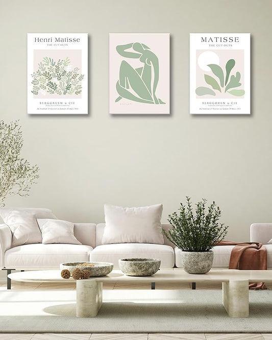 Matisse Sage Green Framed Wall Art,Abstract Green Canvas Wall Decor.12x16in Plants Botanical Poster Prints,Minimalist Classic Home Decoration for Living Room Bedroom Bathroom Office,Set of 3
