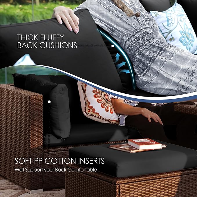 NICESOUL 9 Piece Patio Furniture Set with Fireplace Natural Gas/Propane, 29.3'' High Back Large Wicker Outdoor Sectional Sofa Sets, Deep Seat Sitting Area Backyard, Brown Rattan and Black Cushion