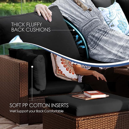 NICESOUL 9 Piece Patio Furniture Set with Fireplace Natural Gas/Propane, 29.3'' High Back Large Wicker Outdoor Sectional Sofa Sets, Deep Seat Sitting Area Backyard, Brown Rattan and Black Cushion