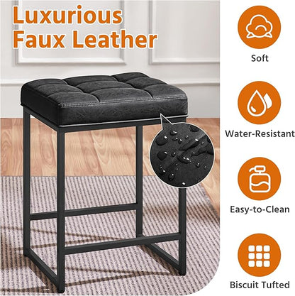 Yaheetech Bar Stools Set of 2, 24 Inch Counter Height Bar Stools Set, Backless Kitchen Island Stools, Faux Leather Stools for Kitchen Counter, Black