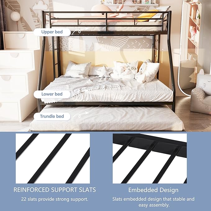 SUNLEI Metal Bunk Beds with Double Secured Ladders, Twin Over Full Bunk Bed with Surrounded Safety Guardrails, Space Saver Twin Beds, Noise Free for Small Bedroom, with Trundle, Black