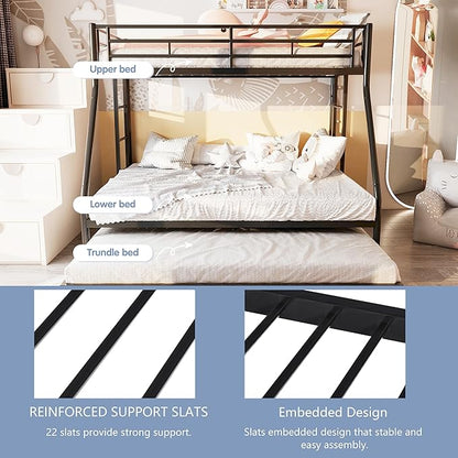 SUNLEI Metal Bunk Beds with Double Secured Ladders, Twin Over Full Bunk Bed with Surrounded Safety Guardrails, Space Saver Twin Beds, Noise Free for Small Bedroom, with Trundle, Black