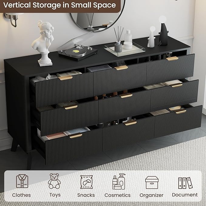 Fluted Dresser for Bedroom,59'' Modern Wooden Dresser with 9 Drawers, Bedroom Dressers, Natural Wood Chest of Drawers for Living Room, Hallway (Black)