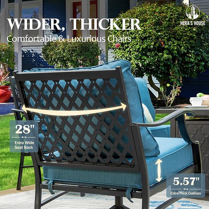HERA'S HOUSE 7 Piece Patio Furniture Set, 2 x Rocking Chair, 2 x Fixed Chair, 2 x Ottoman, 1 x 3-Seat Sofa, All Cushioned 9 Seats Metal Outdoor Conversation Set for Lawn Garden Backyard