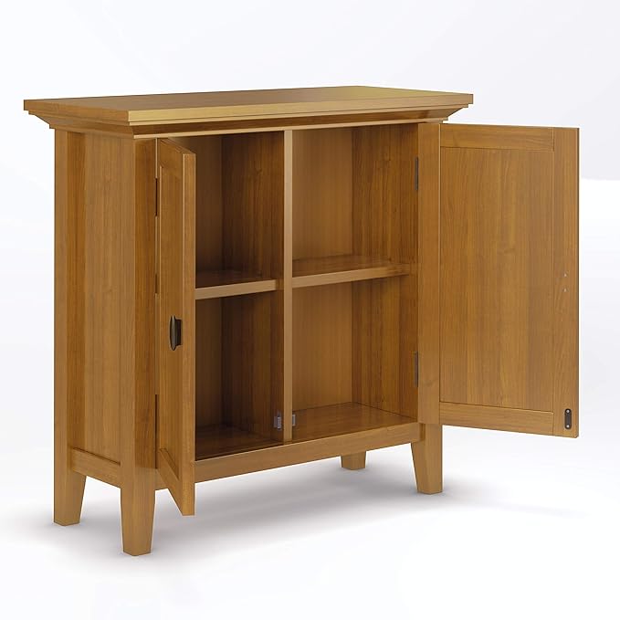 SIMPLIHOME Redmond SOLID WOOD 32 inch Wide Transitional Low Storage Cabinet in Light Golden Brown for the Living Room, Entryway and Family Room