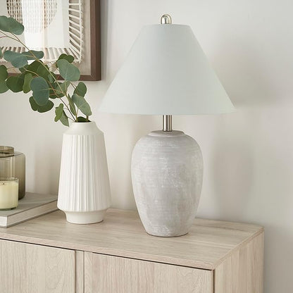 Nourison Home 23" Grey Vintage Distressed Ceramic Pot Table Lamp for Bedroom, Living Room, End Table, with Grey Conical Empire Shade