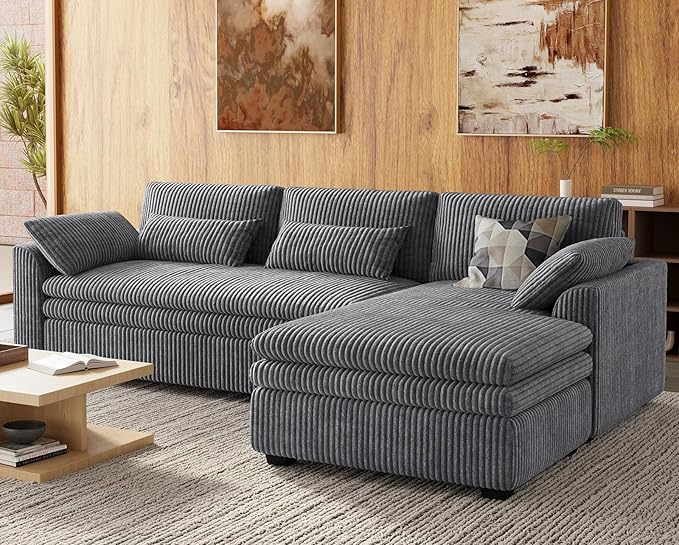 Belffin Large Modular Sectional Sofa with Deep Chaise, 104" Corduroy L Shaped Couch with 9" Soft Dual-Layer Seats Cushion for Living Room, Apartment, Light Grey
