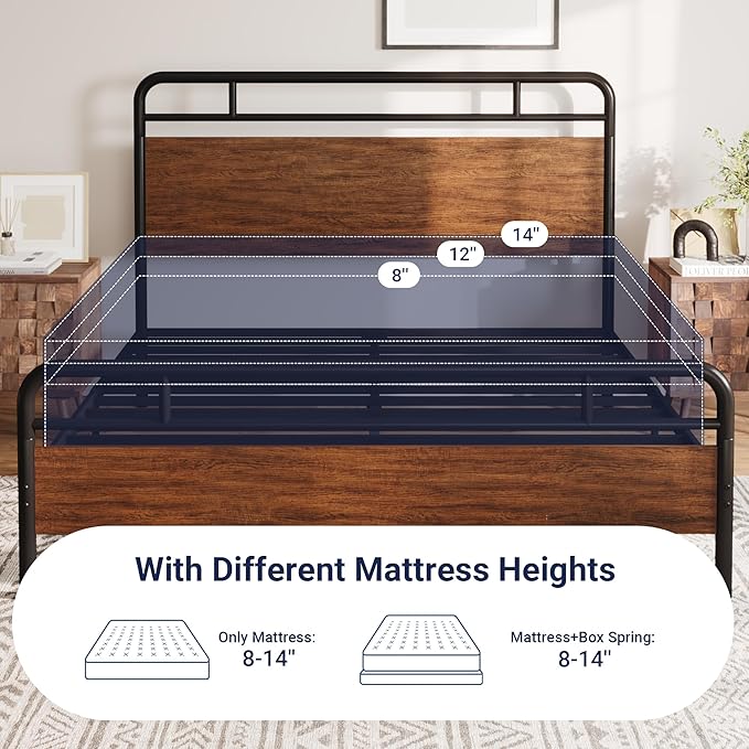 Allewie Queen Size Platform Bed Frame with Wooden Headboard and Footboard, Heavy Duty 13 Metal Slats Support, Under-Bed Storage, No Box Spring Needed, Noise Free, Easy Assembly, Walnut