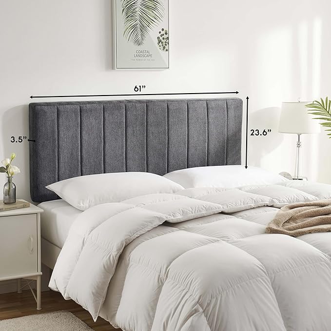 Hearth & Harbor Upholstered Queen Headboard - Easy Assemble Channel Stitched Headboard Queen Size - Wall Mounted Headboards with 3D Soundproof Wall Panels Peel & Stick Floating Headboards, Grey