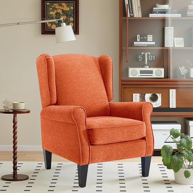 Accent Chair for Living Room, Vintage Orange Fabric Bedroom Corner Seats, Elegant English Armchairs with High Back, Modern Living Room Reading Wing Chair, Sillones para Sala