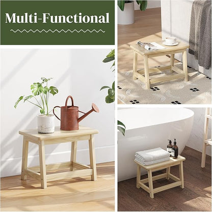 Wood Stool, Small Bench Seat, Wood Bathroom Vanity Bench, Plant Stand, Shoe Changing Handmade Stool for Kids or Adults (Natural, Small)