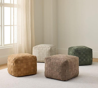 Luxury Handcrafted Suede Basketweave Pouf Ottoman – Soft & Durable Floor Cushion, Footrest, and Accent Seating for Living Room, Bedroom, & Office – Stylish Modern Home Décor (Brindle, 18" x 18" x 14")