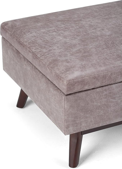 SIMPLIHOME Owen 34 inch Wide Mid Century Modern Rectangle Coffee Table Storage Ottoman in Distressed Grey Taupe Vegan Faux Leather, Assembled, for the Living Room, Entryway and Family Room