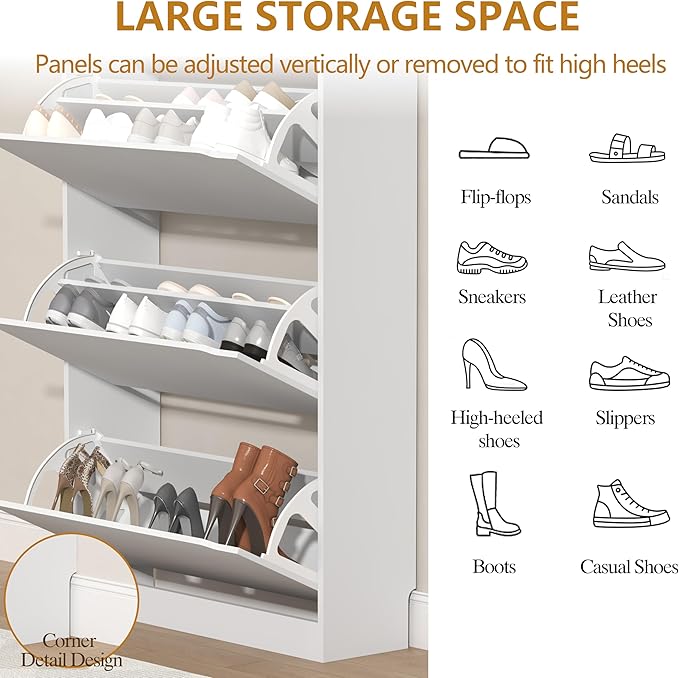 Shoe Storage Cabinet with 3 Flip Drawers, Slim Hidden Wood Shoe Cabinet Storage for Entryway, Freestanding Narrow Shoe Rack Organizer with Adjustable Shelves for Foyer, Hallway, White