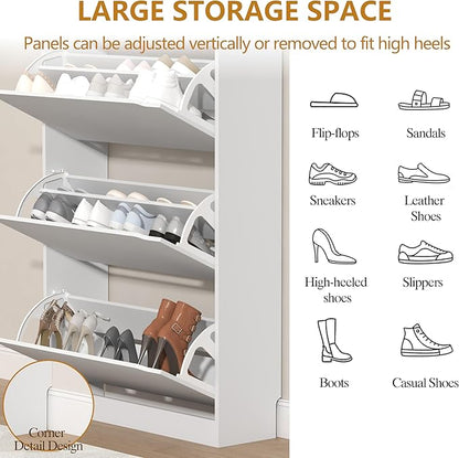 Shoe Storage Cabinet with 3 Flip Drawers, Slim Hidden Wood Shoe Cabinet Storage for Entryway, Freestanding Narrow Shoe Rack Organizer with Adjustable Shelves for Foyer, Hallway, White