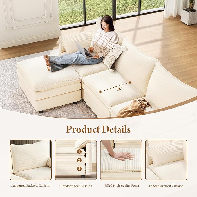 Vesgantti 108" Modular Sectional Sofa, Comfy Cloud Couch with Movable Ottoman Deep Seat Corduroy L Shaped Modular Sofa, Sectional Couches for Living Room, Bedroom and Apartment, Beige