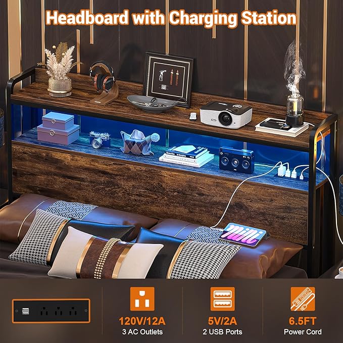 Aheaplus Headboard for Full Size Bed Frame, Headboards with Outlets, USB Ports and LED Light, Head Board with Storage, Height Adjustable, Sturdy and Stable Headboard, Full Size, Rustic Brown
