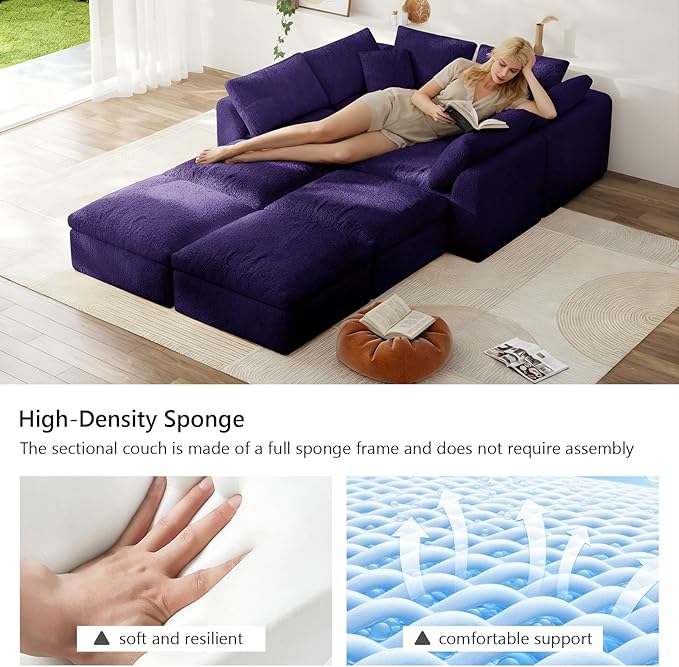 138" Boneless Cloud Couch Modular Sectional Sofa with Deep Seat for Living Room, L Shape Couch with Ottoman, Snowflake Cloth and 40D Memory Sponge，2 Throw Pillows (Purple, 4 Seater+4 Ottoman)
