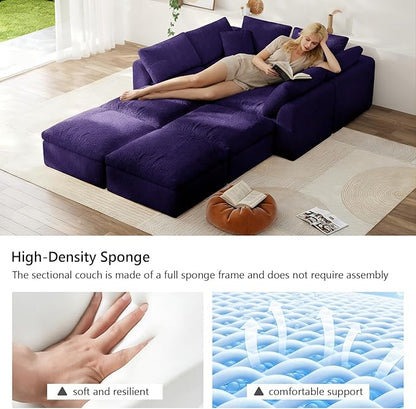 138" Boneless Cloud Couch Modular Sectional Sofa with Deep Seat for Living Room, L Shape Couch with Ottoman, Snowflake Cloth and 40D Memory Sponge，2 Throw Pillows (Purple, 4 Seater+4 Ottoman)