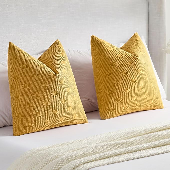 FUTEI Mustard Yellow Chenille Decorative Throw Pillow Covers 18x18 Inch Set of 2,Soft Cozy Striped Geometric Patterns Cushion Cases,Modern Home Decor for Couch Bed Living Room