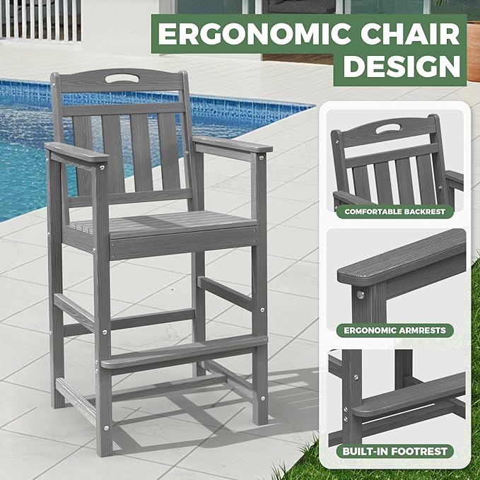 Outdoor Patio Bar Height Chair, All-Weather HDPE Tall Balcony Adirondack Stools for Bistro, Garden, Backyard, Deck | Grey