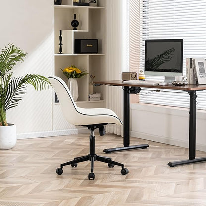 YOUNIKE White Ergonomic Home Office Desk Chair No Arms Comfy Small Criss Cross Chair with Wheels Swivel Adjustable Modern Vanity Chair with Back Armless Cute Leather Upholstered Rolling Task Chair
