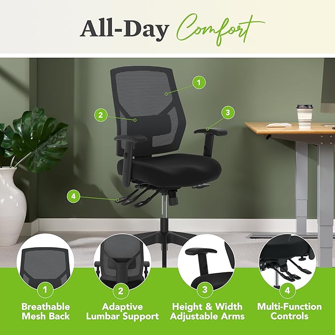 HON Crio High Back Office Chair, Ergonomic Office Chair with Adjustable Arms and Back Support, 360° Swivel, Asynchro-Tilt Recline, Black