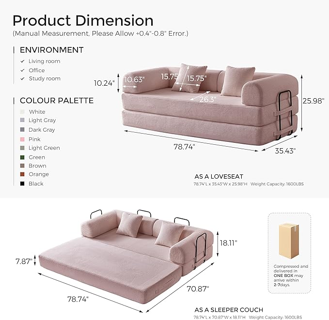 79" Convertible Sofa Bed with Fixed-Shape Frame & Removable Armrests, Modular Corduroy Sleeper Sofa, Folding Mattress Couch for Small Spaces - No Assembly Needed in Pink (Includes 2 Pillows)