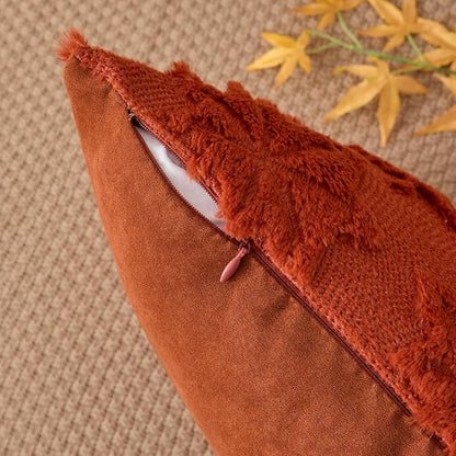 Kevin Textile Maple Leaf Pillow Covers 18x18 Inch Set of 2 Fallen Leaves Embroidery Decor Soft Plush Faux Fur Throw Pillows Pillowcases for Holiday Harvest Decor Sofa Couch Bedroom, Rust