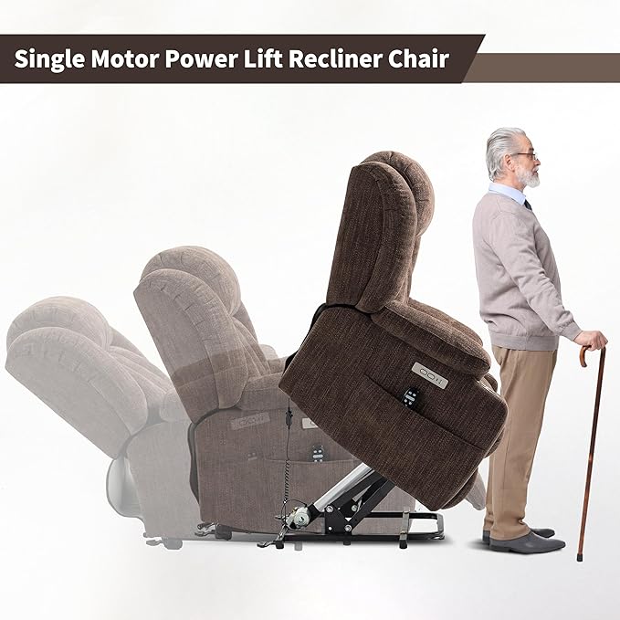 Power Lift Chair for Elderly, Electric Recliner Chair with 8-Point Vibration Massage and Lumbar Heating, Charging Ports, Cup Holders, Standing Assistance Reclining - Brown