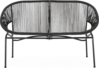 Christopher Knight Home Dessa 3 Piece Patio Furniture Set, Patio Wicker Accent Chair Set of 2 and Loveseat, Metal Frame 4 Seater Outdoor Papasan Lounge Chair Set, PE Rattan Outdoor Bistro Set, Black